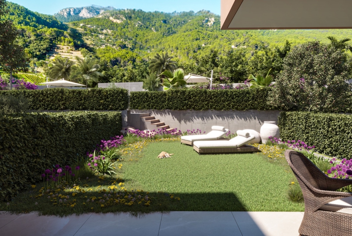 Prywatny ogród z leżakami przy domu w inwestycji ES Voltor w Esporles.