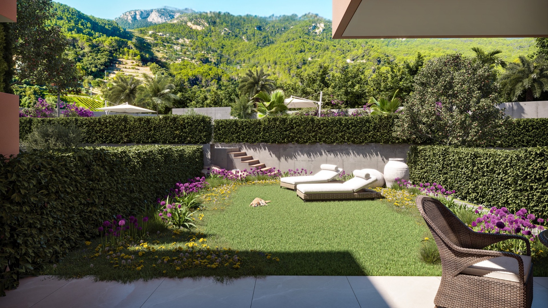 Prywatny ogród z leżakami przy domu w inwestycji ES Voltor w Esporles.