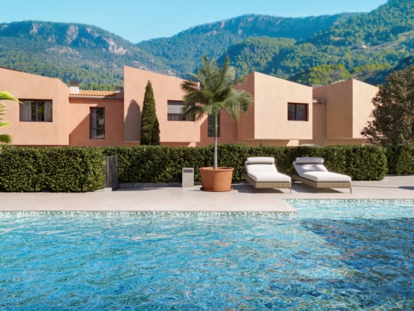 Basen osiedlowy i domy szeregowe ES Voltor z widokiem na góry w Esporles.