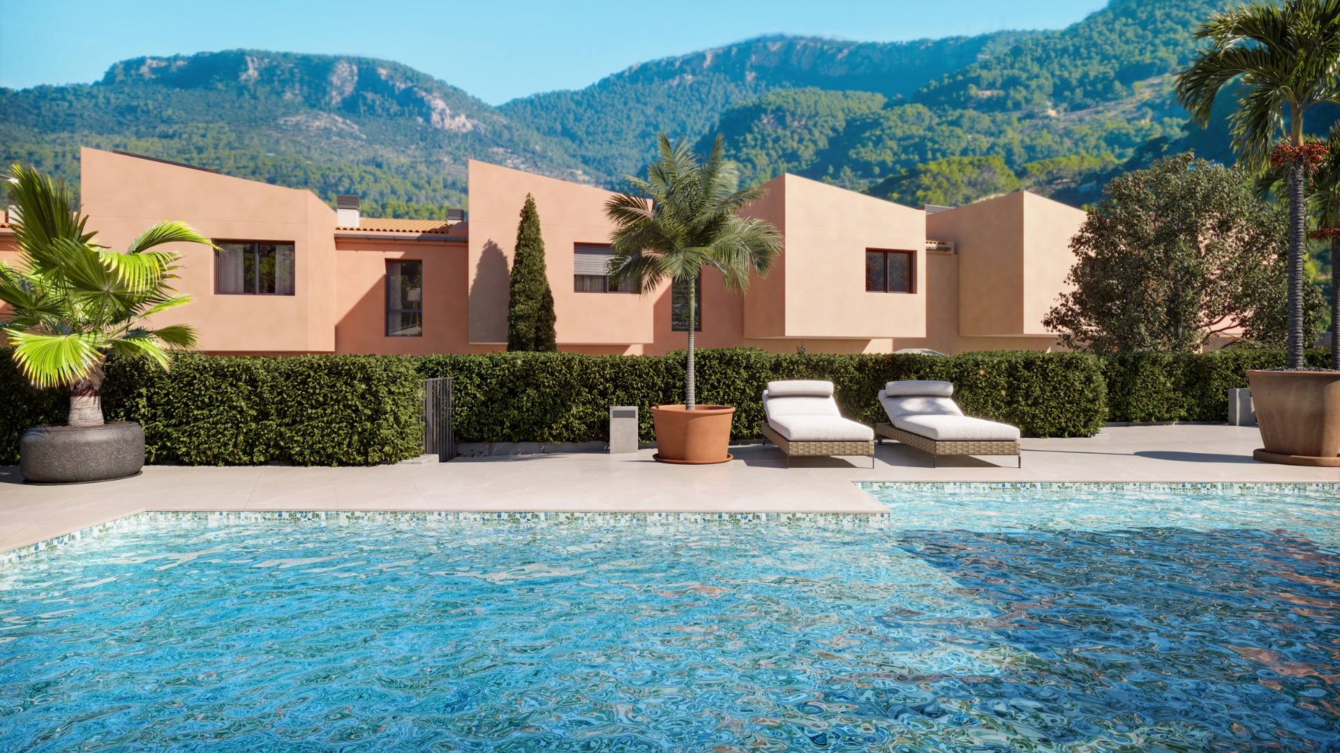 Basen osiedlowy i domy szeregowe ES Voltor z widokiem na góry w Esporles.