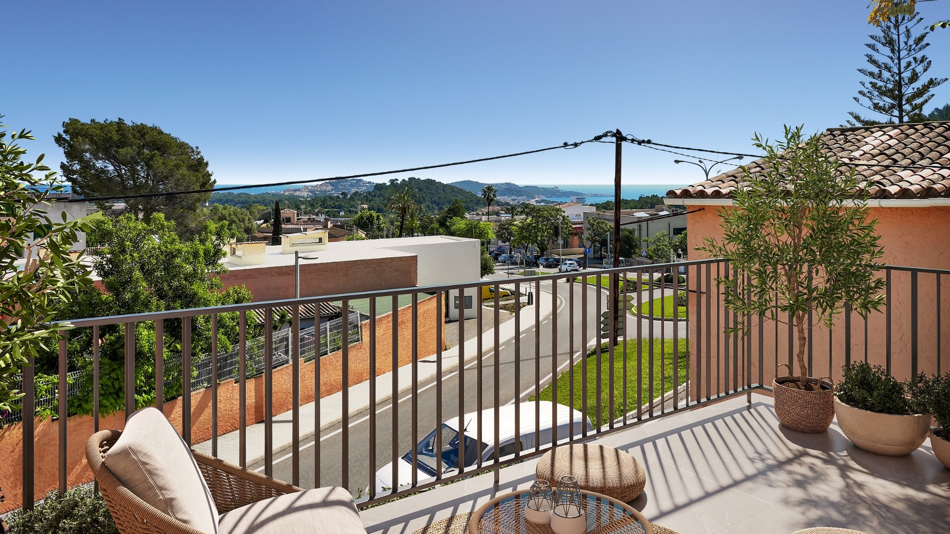 Balkon apartamentu Oli, Taylor Wimpey – widok na okolicę Capdepera i linie morza w tle.