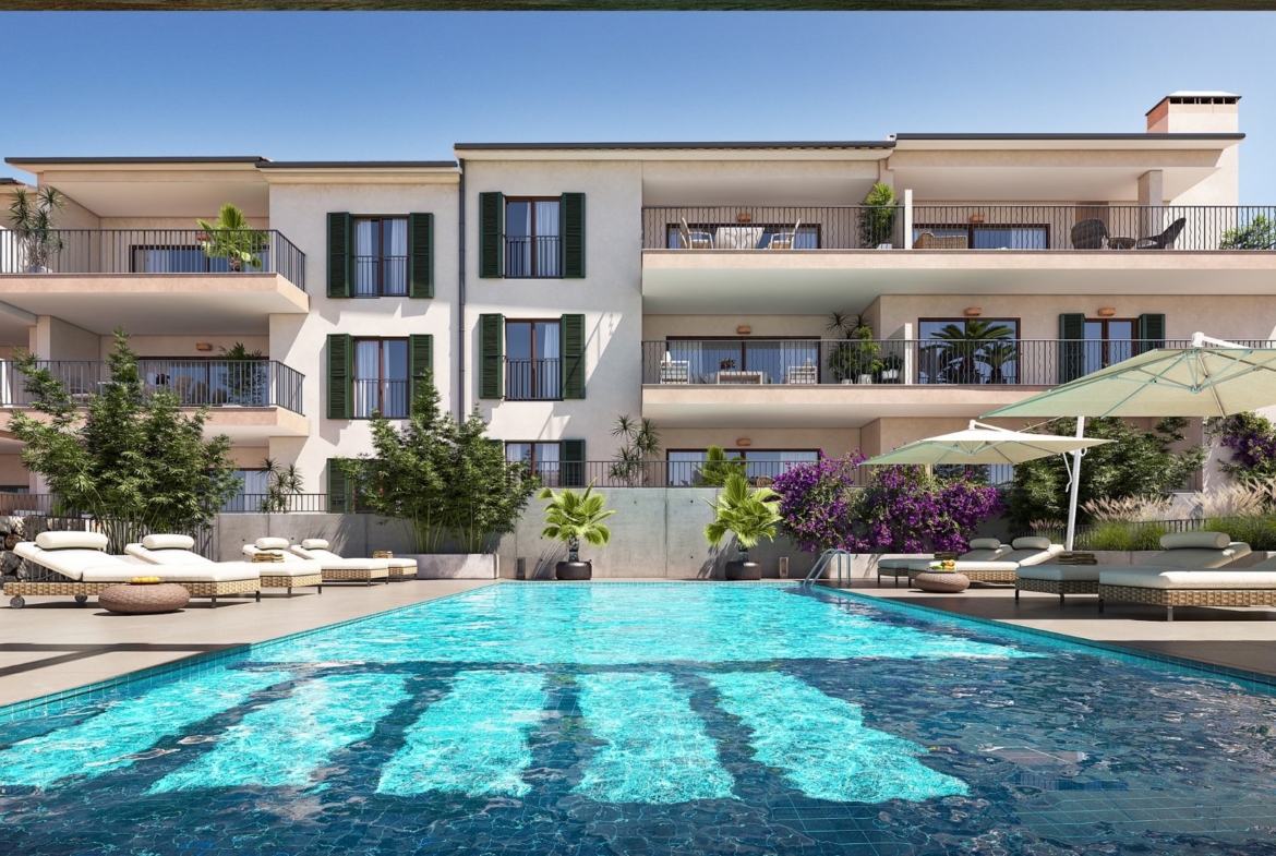 Centralny kadr na basen osiedla Oli w Capdepera, Taylor Wimpey