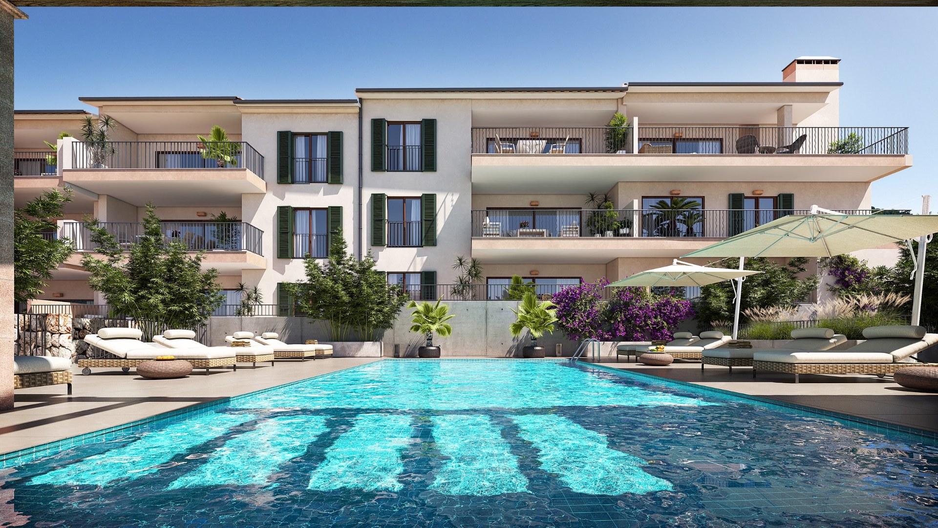 Centralny kadr na basen osiedla Oli w Capdepera, Taylor Wimpey