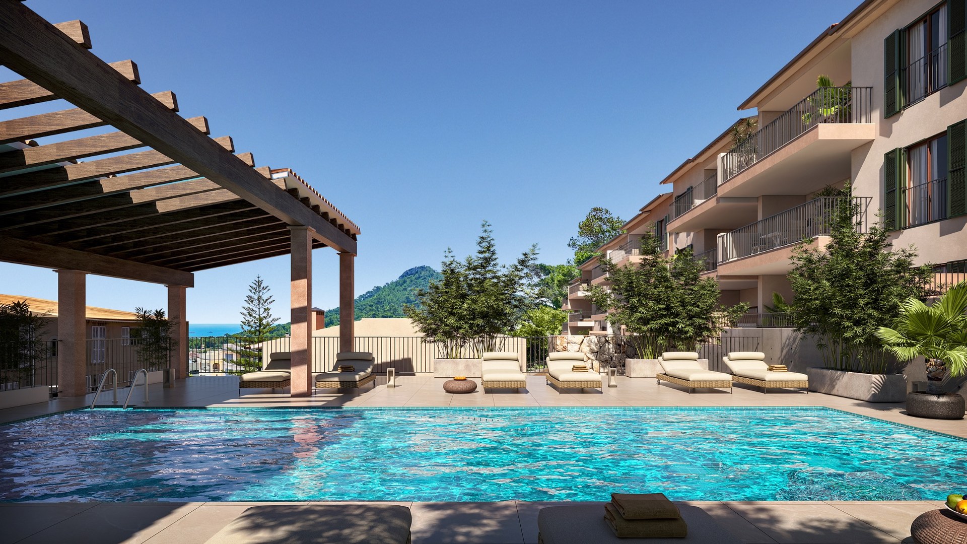 Basen osiedla Oli w Capdepera, zadaszona pergola i widok w kierunku morza