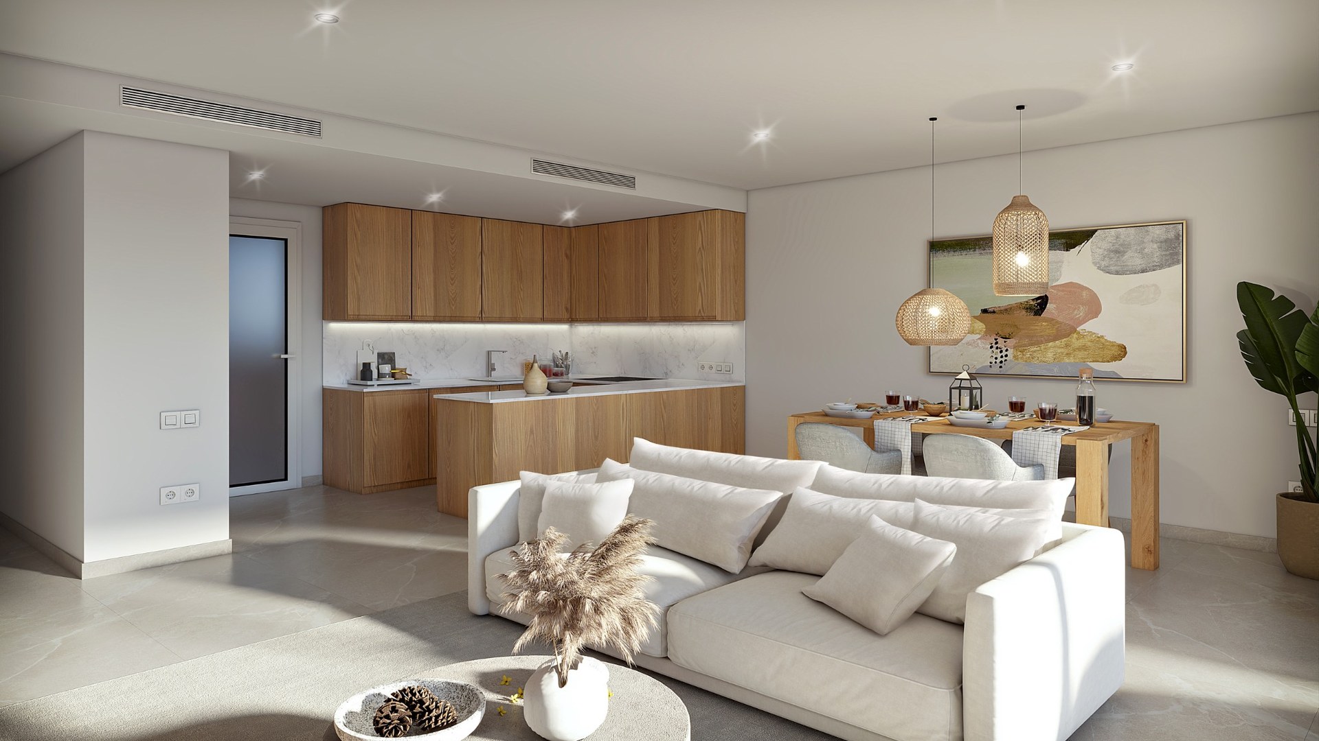 Nowoczesna kuchnia i jadalnia w inwestycji Oli, Capdepera – naturalne materiały i dużo światła.