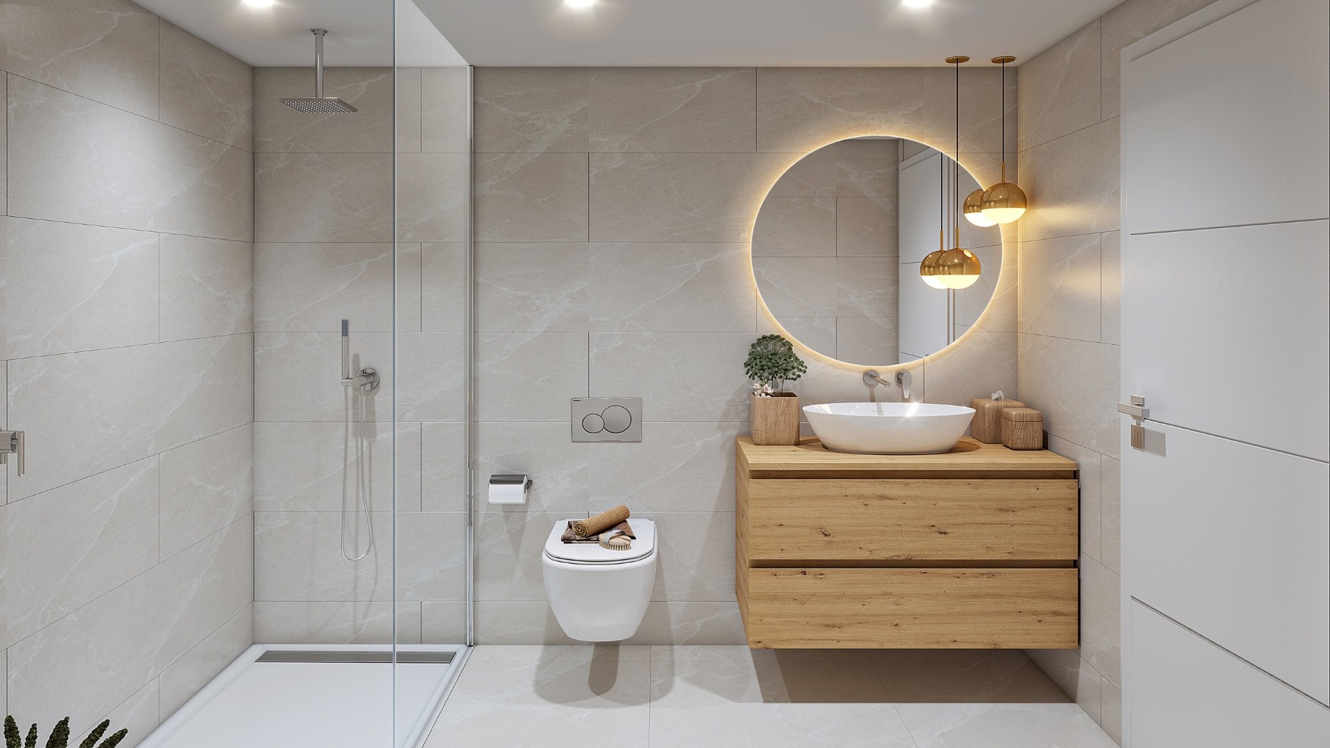 Łazienka w inwestycji Oli, Taylor Wimpey – prysznic typu walk-in i podświetlane lustro.