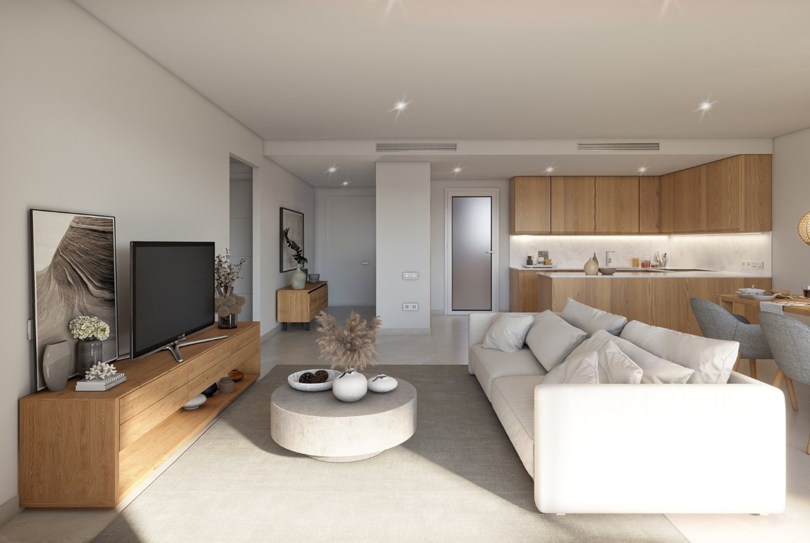 Salon połączony z aneksem kuchennym w Oli, deweloper Taylor Wimpey – funkcjonalny układ otwarty.