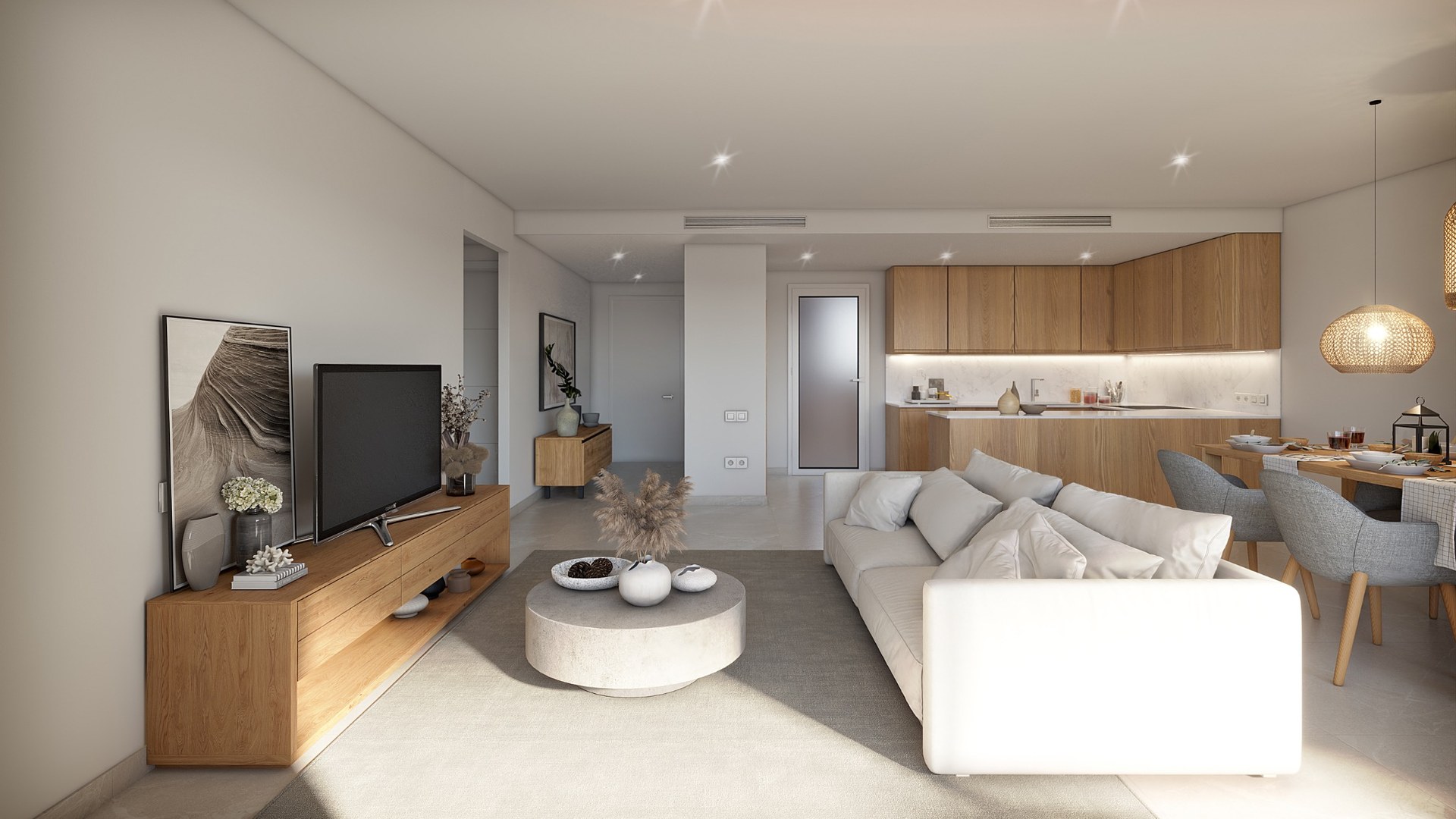 Salon połączony z aneksem kuchennym w Oli, deweloper Taylor Wimpey – funkcjonalny układ otwarty.