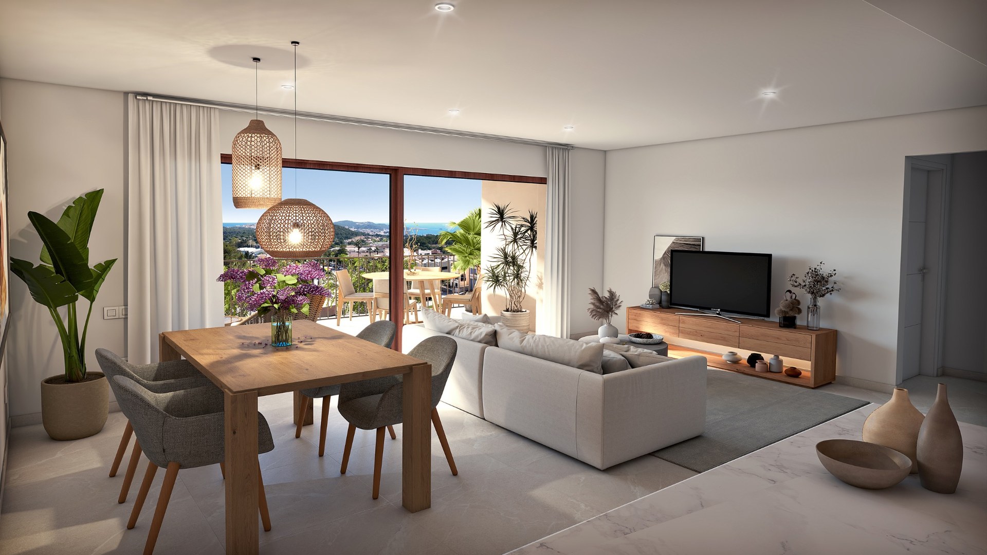 Przestronny salon z wyjściem na taras w inwestycji Oli (Taylor Wimpey) w Capdepera, widok na morze.