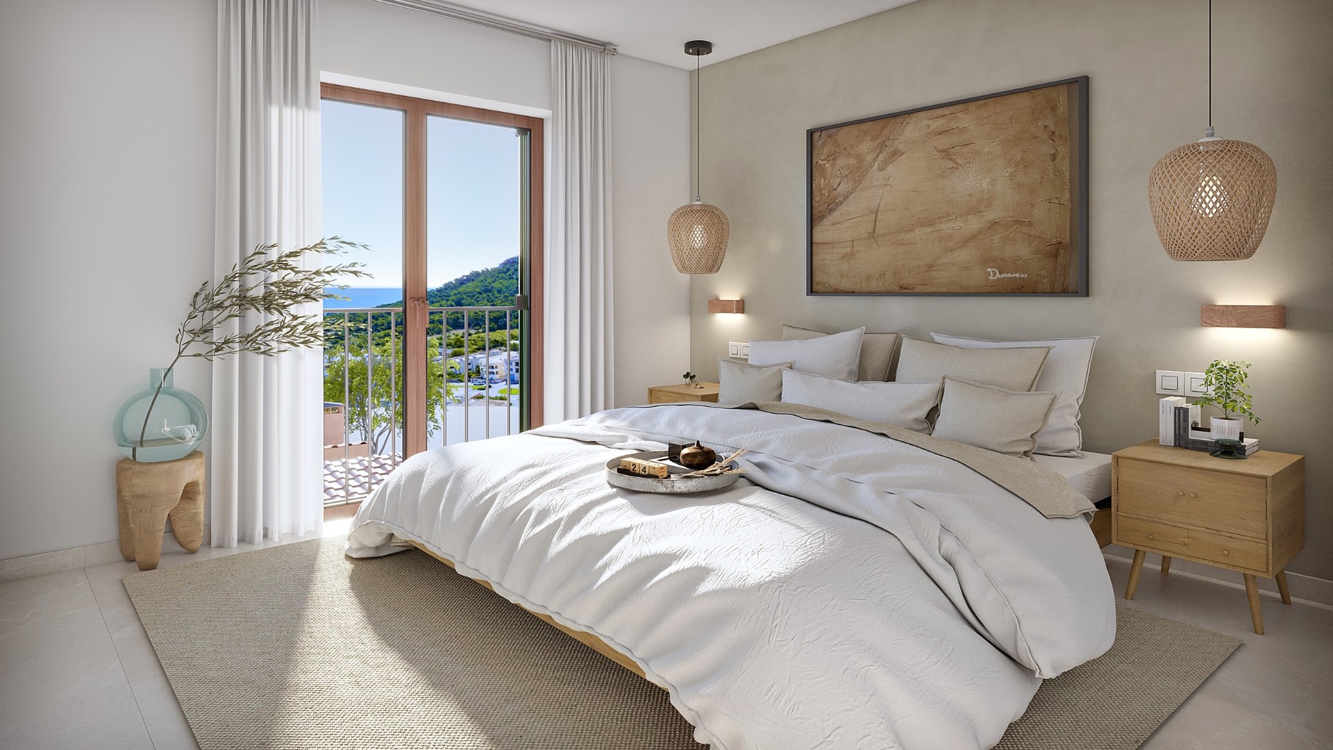 Sypialnia z dostępem do balkonu w Oli (Taylor Wimpey) w Capdepera – widok na wzgórza i morze.