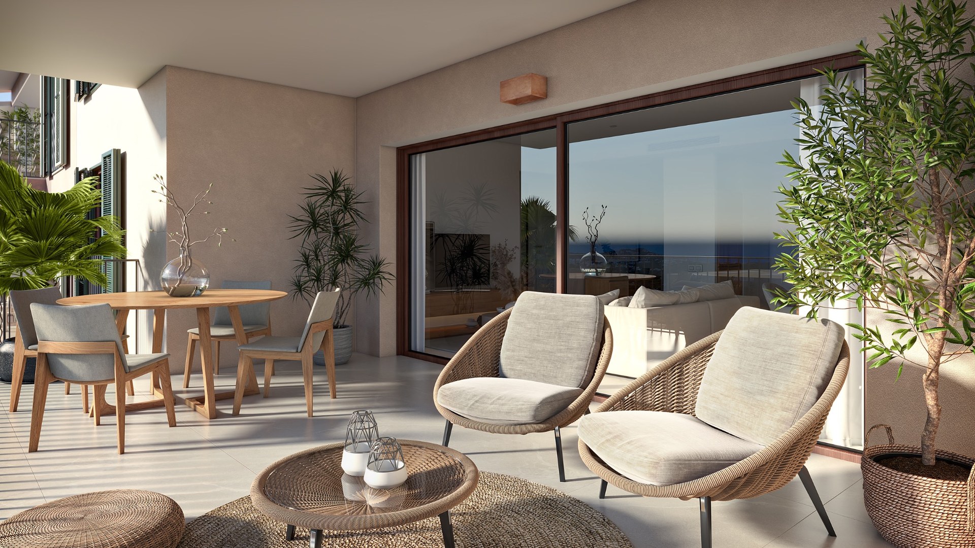 Taras apartamentu w inwestycji Oli w Capdepera, wieczorne światło i widok na horyzont