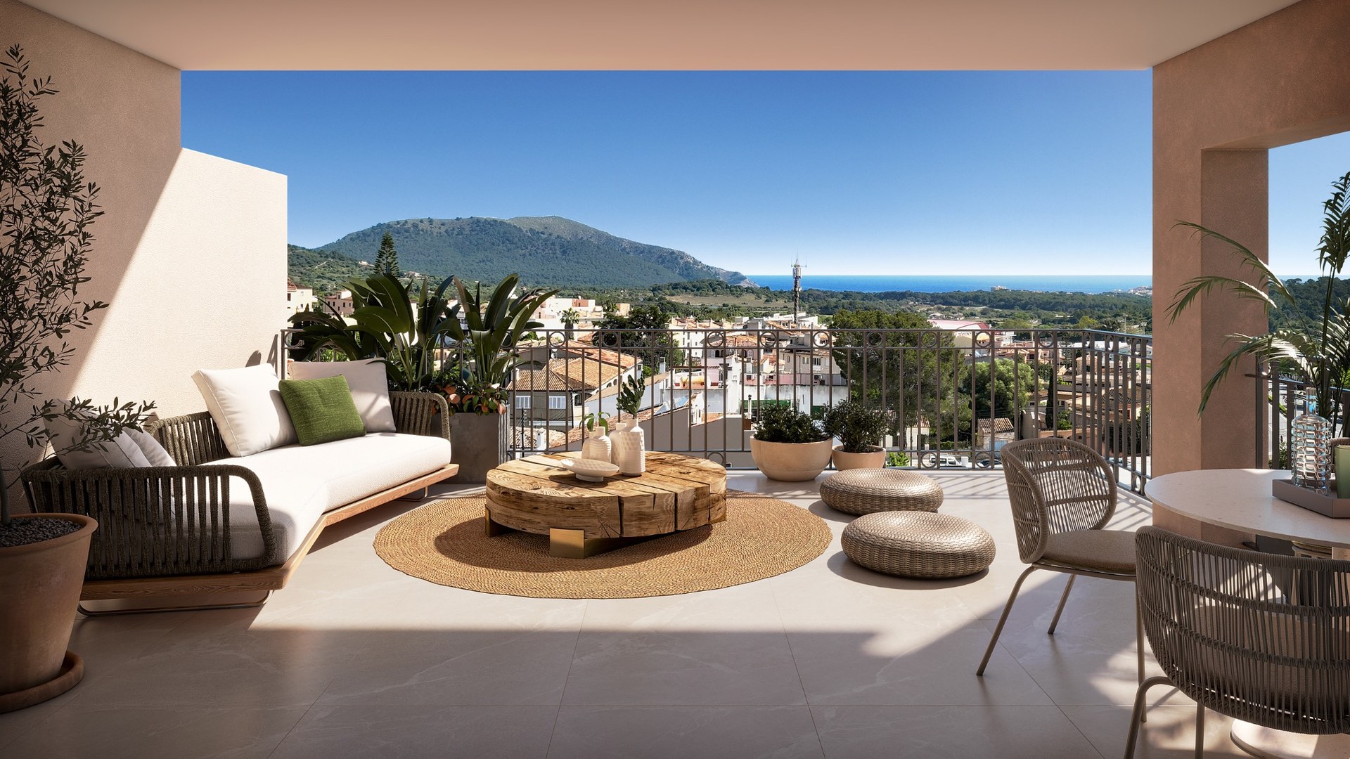 Taras apartamentu w inwestycji Oli (Taylor Wimpey) w gminie Capdepera, panoramiczny widok na morze i góry.