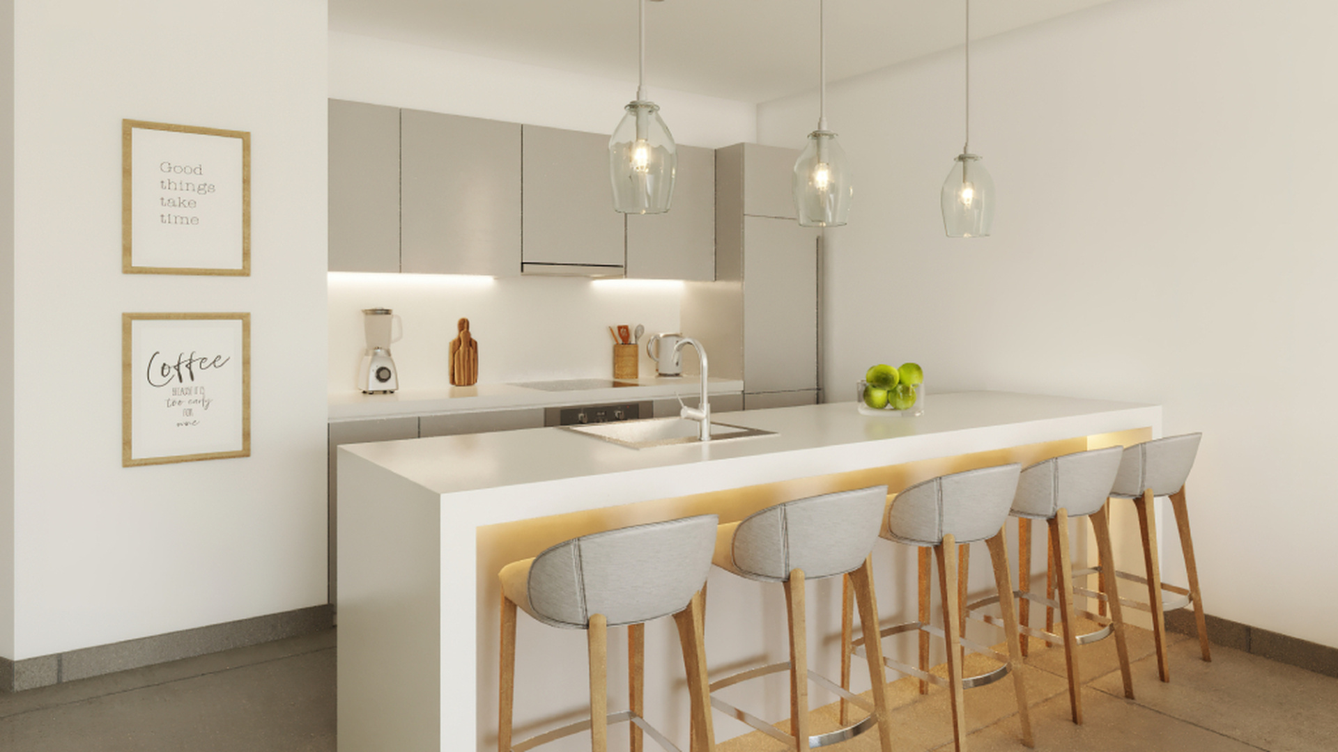 Jasna kuchnia z wyspą, oświetleniem LED i hokerami przy blacie.
