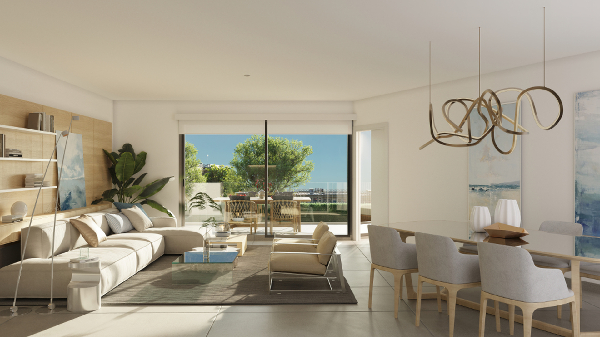 Jasny salon z jadalnią i wyjściem na taras.