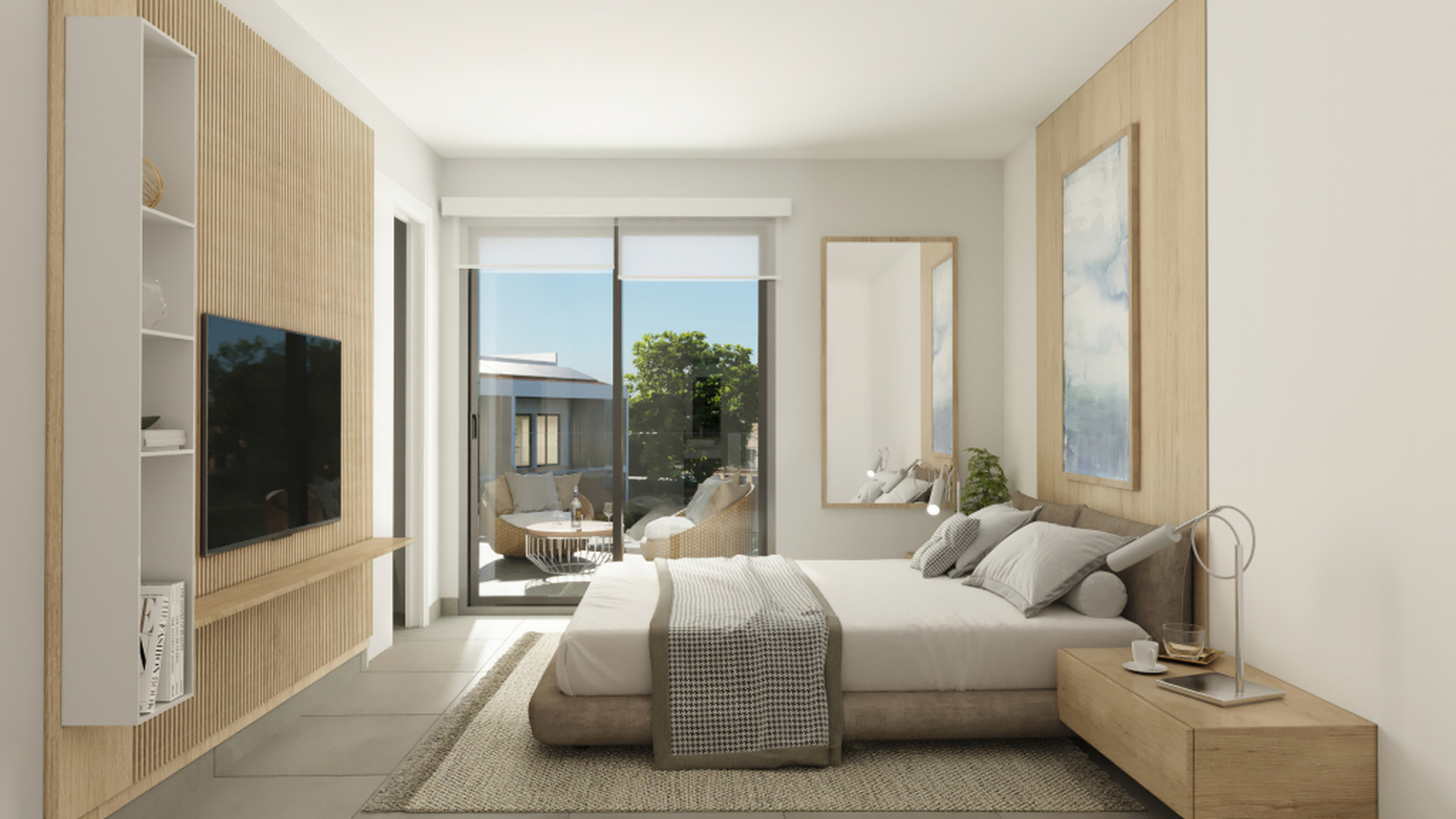 Przestronna sypialnia z łóżkiem king‑size i wyjściem na taras.